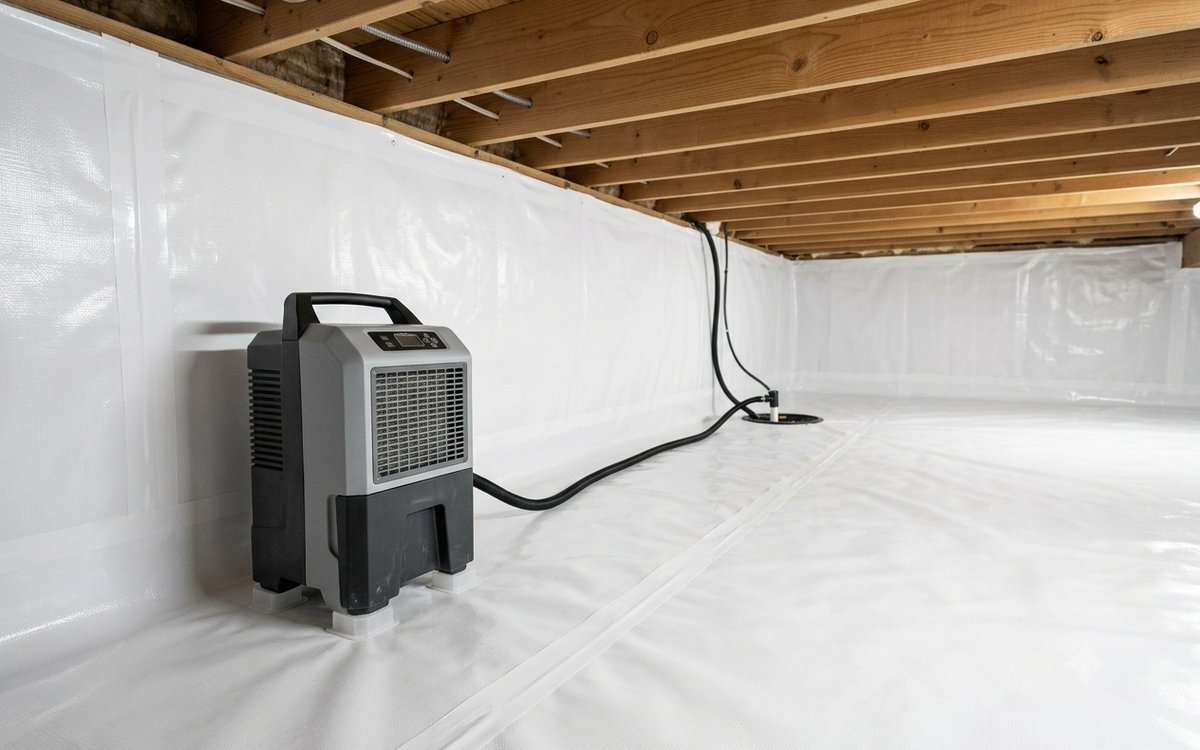 Encapsulated crawlspace with white vapor barrier and dehumidifier