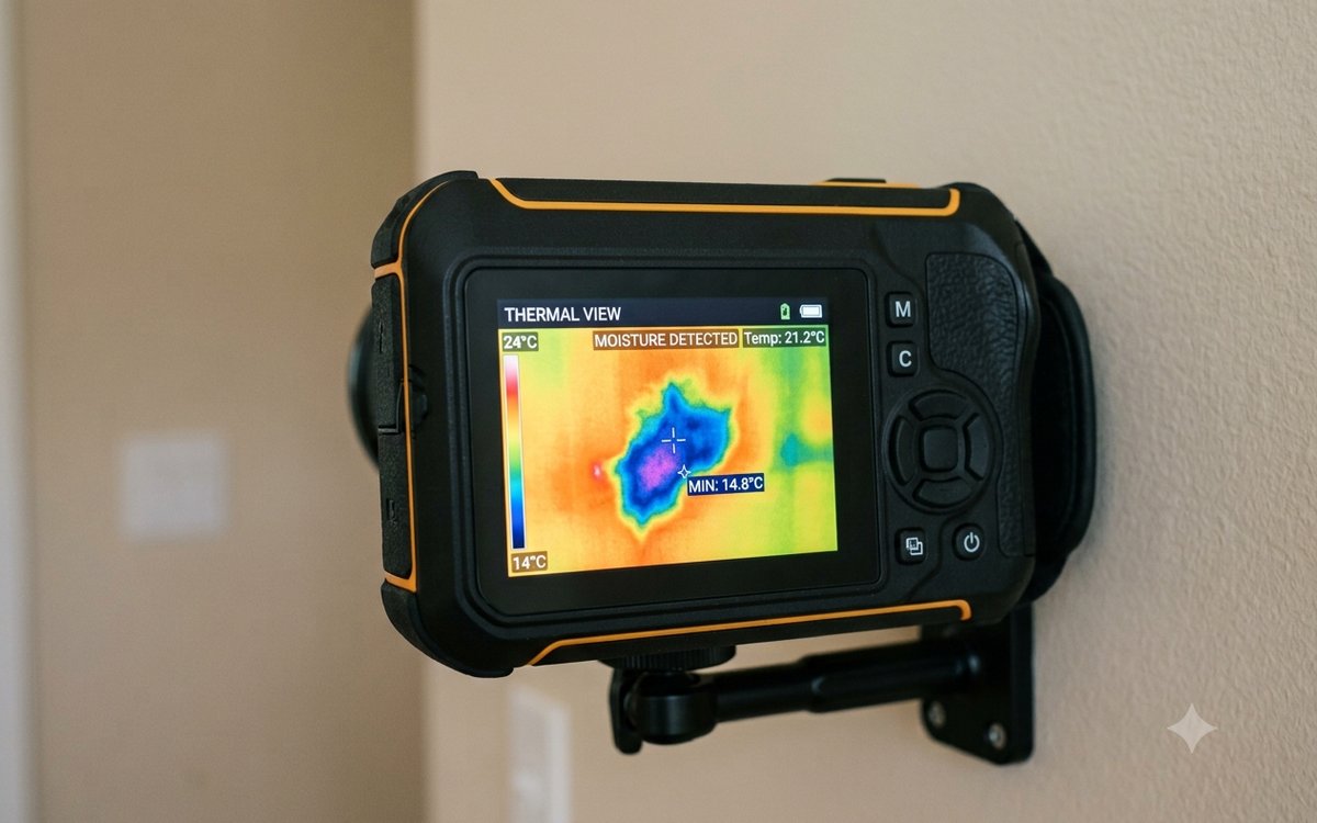 Thermal imaging revealing hidden moisture in a wall